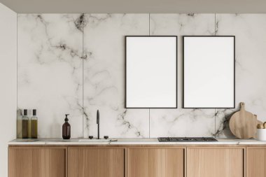 Minimalist ahşap mutfakta mermer duvarda iki boş beyaz tuval. Yaratıcı konsepti olan beyaz iç tasarım. Model yap. 3d oluşturma
