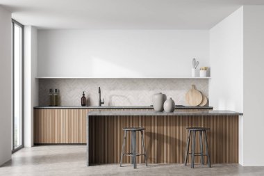Açık raflı minimalist mutfak, kaplama ahşap paneller, iki tabure, kahvaltı barı, gri tezgah ve beton zemin. Modern beyaz tasarım, boşluk ekleme. İçerideki trend kavramı. 3d oluşturma