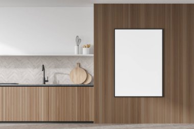 Minimalist beyaz mutfağın yanındaki ahşap duvarda, açık raflı ve parke tarzı sıçramalı bir çerçeve. İç tasarımda modern materyal kavramı. 3d oluşturma
