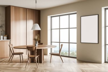Yuvarlak yemek masası ve duvarda boş çerçeve modeli. Bej ve ahşap döşeme, akım kolye tasarımı, entegre ekipman ve parke döşeme. Mutfak alanı kavramı. Köşe manzarası. 3d oluşturma
