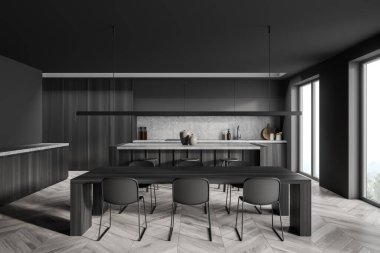 Koyu gri mutfak masası, doğrusal ışık, minimalist mutfak dolabı, kahvaltı barı ve parke zemin. Modern ev tasarımı kavramı. 3d oluşturma
