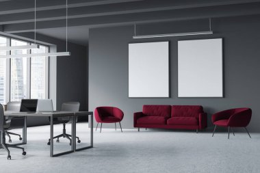 Gri açık uzay ofisi, iki çerçeve maketi ve kırmızı mobilyalı oturma alanı. Modern tasarım, doğrusal ışıklar ve beton zemin kullanılarak. Aksan iç ayrıntıları kavramı. 3d oluşturma