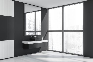 Karanlık banyo iç tarafında iki lavabo, ayna, beton döşeme, Singapur gökdeleni manzaralı panoramik pencere. Sağlık için hijyenik ve spa prosedürleri kavramı. 3d oluşturma