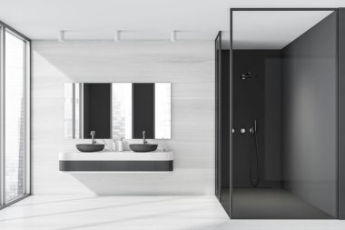 Duş, iki lavabo, ayna, beton zemin Singapur gökdelen manzaralı panoramik pencere. Sağlık için hijyenik ve spa prosedürleri kavramı. 3d oluşturma