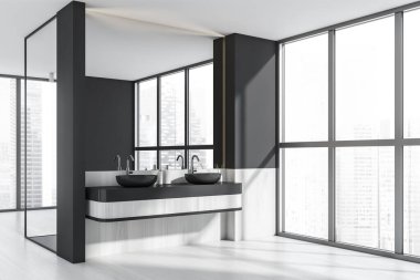 Lavabo, ayna, beton zemin, Singapur gökdeleni manzaralı panoramik pencere. Sağlık için hijyenik ve spa prosedürleri kavramı. 3d oluşturma