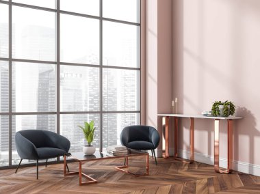 Açık pembe oturma odası konsol masası, oturma alanı, bakır malzemeler, gri detaylar, şehir manzaralı pencere ve parke zemin. Modern tasarım kavramı. Köşe manzarası. 3d oluşturma