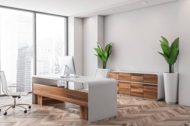 Parlak ofis içi boş duvar, panoramik pencere, masaüstü, rahat koltuk, masa ve meşe ağacından parke zemin. Çalışma süreci için mükemmel bir yer. Minimalist tasarım. Model yap. 3d oluşturma