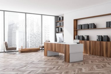 Panoramik pencereli parlak ofis odası, masaüstü, klasörlü kitaplık, rahat koltuk, masa ve meşe parke zemin. Çalışma süreci için mükemmel bir yer. Minimalist tasarım. 3d oluşturma