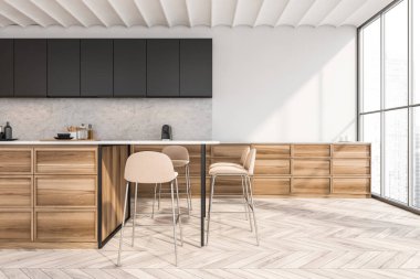 Açık mutfak odası, masa ve dört bar sandalyesi, ön manzara, ahşap zemin ve şehir manzaralı panoramik pencere. Rafla ve mutfak gereçleriyle yemek pişirme seti, 3 boyutlu hazırlama