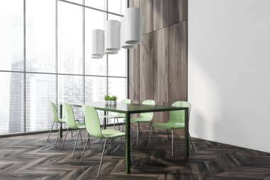 Karanlık yemek odasının iç tarafında panoramik pencere, Singapur şehir manzarası, altı yeşil sandalye, masa, lamba ve ahşap parke zemin. Soğukluk için minimalist tasarım kavramı. 3d oluşturma