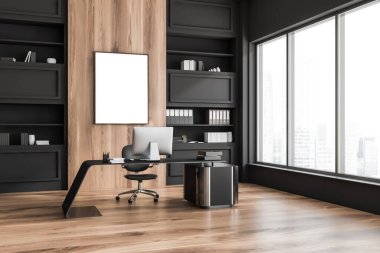 Karanlık ofis patronu odasının içinde masa ve bilgisayar, klasörler ve dekorasyonla dolu raf, parke zeminde koltuk. Şehir görünümlü pencereler, boşluk çerçevesini kopyala, 3B görüntüleme
