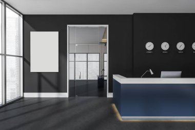 Cam ofis kapısı, saatler, dünya zamanını ve beton zemini gösteren boş posterli resepsiyon. Gri ve mavi tasarım. Modern lobi kavramı. Model yap. 3d oluşturma