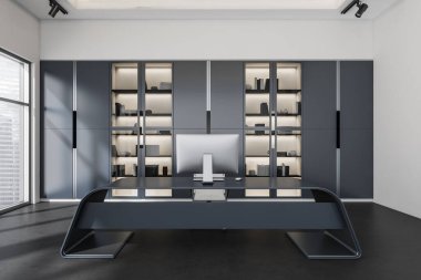 Mavili, şık dolaplar ve koyu beton döşemeler kullanan klas masa tasarımlı yaratıcı CEO ofisi. Modern yönetici çalışma yeri kavramı. 3d oluşturma