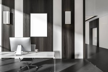 İçi boş beyaz poster, masaüstü, rahat koltuk, masa, cam kapılar ve beton zemin olan karanlık ofis odası. Çalışma süreci için mükemmel bir yer. Minimalist tasarım. 3d oluşturma