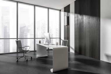 Karanlık ofis odasının iç tarafında panoramik pencere, masaüstü, rahat koltuk, masa ve beton zemin. Çalışma süreci için mükemmel bir yer. Minimalist tasarım. 3d oluşturma