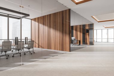 Parlak ofis odasının iç manzarası panoramik pencere, masaüstü, rahat koltuklar, masa ve beton zemin. Çalışma süreci için mükemmel bir yer. Minimalist tasarım. 3d oluşturma