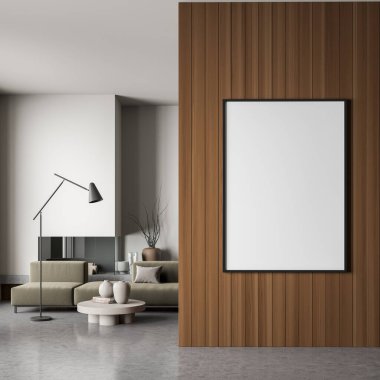 Ahşap duvarda, açık bej oturma odasının iç tarafında koyu yeşil kanepe, lamba, sehpa ve şömine var. Beton zemin. Modern ev tasarımı kavramı. 3d oluşturma