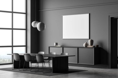 İçi boş beyaz afiş, panoramik pencere, altı sandalye, masa, kanepe, kemer, halı, kitap ve beton zemin. Soğukluk için minimalist tasarım kavramı. Model yap. 3d oluşturma