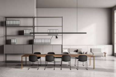 Ahşap masanın üzerinde doğrusal ışık, arka planda serbest raf ünitesi ve kanepe olan bej toplantı odası. Modern ofis tasarımı kavramı. 3d oluşturma