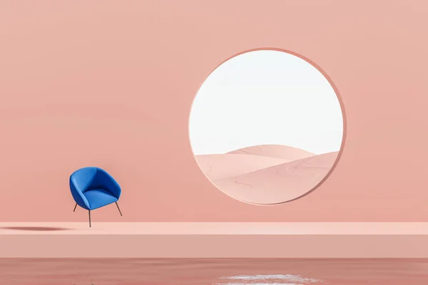 蓝色扶手椅 粉色背景 白色的圆形模型与沙山 抽象内部的概念 3D渲染 — 图库照片