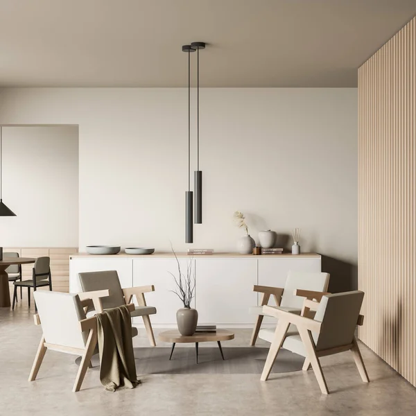 Interior Ruang Makan Terang Dengan Dinding Kosong Empat Kursi Berlengan — Stok Foto