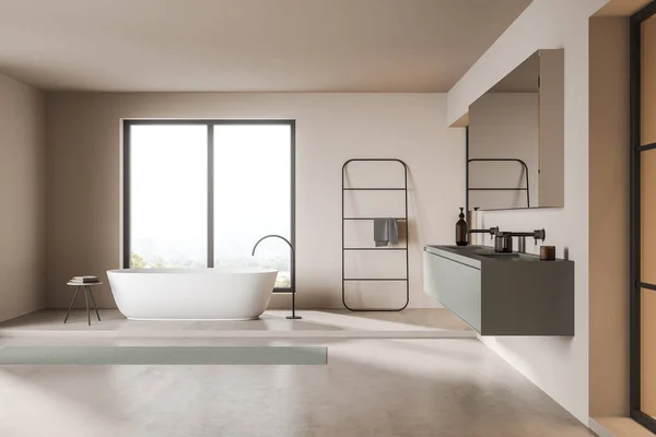 Beige Moderne Badkamer Interieur Met Groene Wastafel Spiegel Witte Kuip — Stockfoto