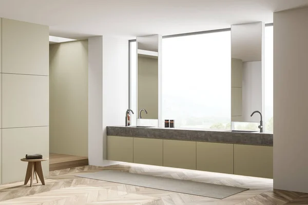 浅绿色浴室内部 窗户壁龛内双层虚荣 两面垂直的镜子 木制的地砖 门廊和凳子 现代室内设计的概念 3D渲染 — 图库照片