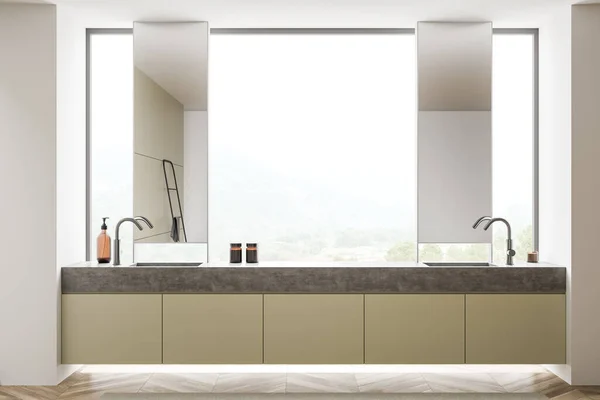 橄榄绿色双浴室虚荣心与创意设计 使用两个背景景观的镜子 最低纲领的概念 3D渲染 — 图库照片
