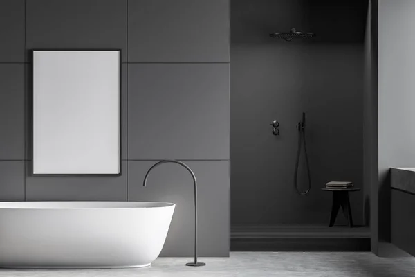 Interno Bagno Grigio Con Sgabello Cabina Doccia Parete Piastrellata Pavimento — Foto Stock