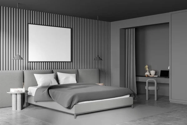 Horizontale Leinwand Grauen Schlafzimmerinnenraum Mit Wandverkleidung Nischen Schreibtisch Mit Vorhang — Stockfoto