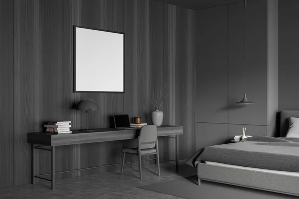 コンクリートの床と暗い灰色の寝室で椅子と空の正方形のキャンバスと机 現代的なワークスペースと睡眠エリアの概念 コーナービュー モックアップ 3Dレンダリング — ストック写真