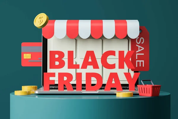 Black Friday Werbebanner Mit Laptop Münzen Kundenwagen Verkauf Kreditkarte Konzept — Stockfoto