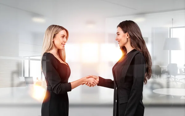 Businesswomen Formal Wear Shake Hands Background Office Room Happy Smiling — Stock Photo, Image