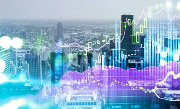 Панорамный Вид Небоскреба Центре Нью Йорка Финансовая Диаграмма Графиком Барной — стоковое фото