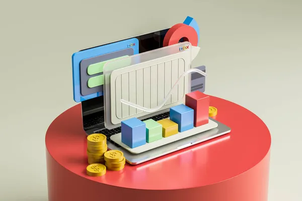 Abstracte Laptop Met Kleurrijke Barkaart Creditcards Gele Munten Rond Rood — Stockfoto