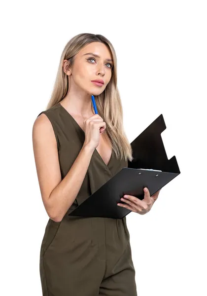 Office Woman Casual Jumpsuit Holding Clipboard Pen Ponder Dream Make — Stock Photo, Image