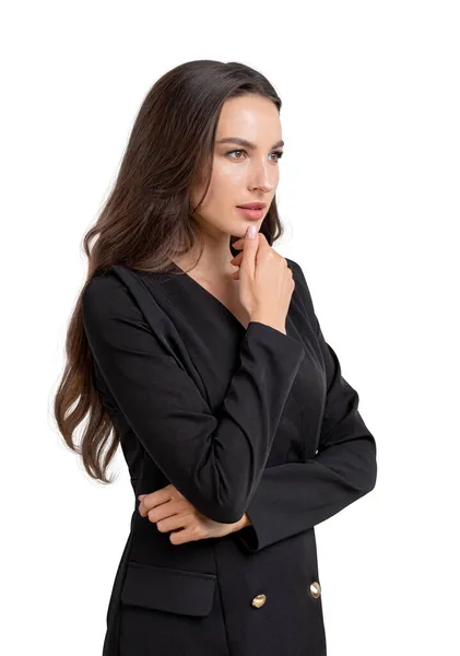 Jovem Mulher Negócios Atraente Vestindo Terno Formal Está Tocando Seu — Fotografia de Stock