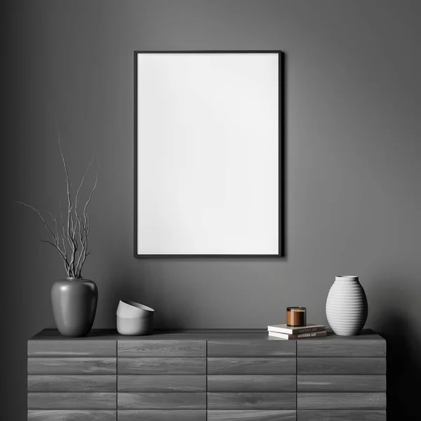 Empty Canvas Wall Sideboard Vases Top Concept Modern House Interior — Stock Photo, Image