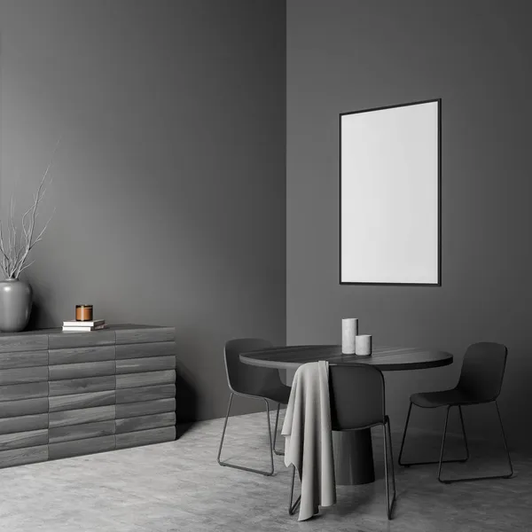 Koyu Gri Oturma Odasının Manzarası Model Büfe Yemek Masası Sandalye — Stok fotoğraf