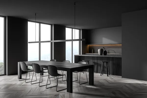 테이블 아침바 파노라마 콘크리트 어두운 미니멀리즘적 인테리어 디자인 렌더링 — 스톡 사진