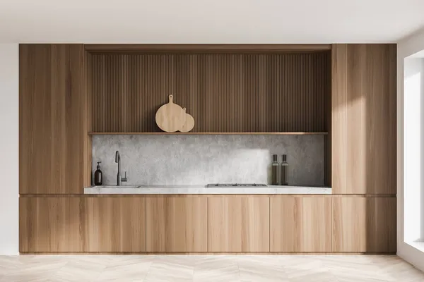 Enge Aussicht Auf Helle Kücheneinrichtung Mit Wand Eichenholzparkettboden Schrank Spüle — Stockfoto
