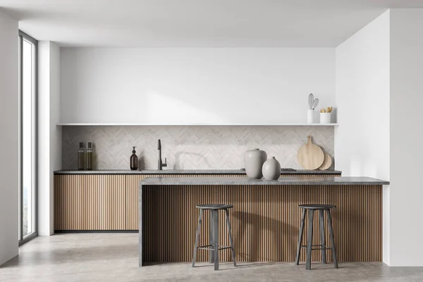 Minimalist kitchen with open shelf, veneer wood panels, two stools, breakfast bar, grey countertops and concrete floor. Modern white design, adding space. Concept of on trend interior. 3d rendering