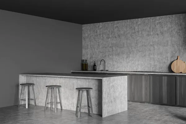 深色灰色简约厨房内部有早餐吧 木材材料和混凝土地板 现代设计的概念 角落的观点 3D渲染 — 图库照片