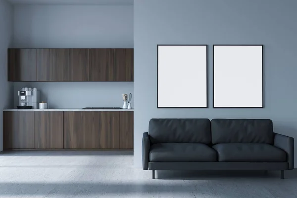 Minimalistisk Matsal Interiör Med Svart Soffa Betonggolv Trähylla Med Kök — Stockfoto