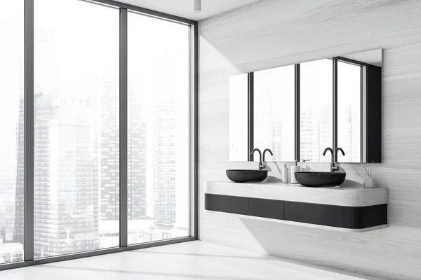 角落的黑暗浴室内部与下沉 水泥地面 全景窗与新加坡城市摩天大楼的观点 卫生和温泉保健程序的概念 3D渲染 — 图库照片