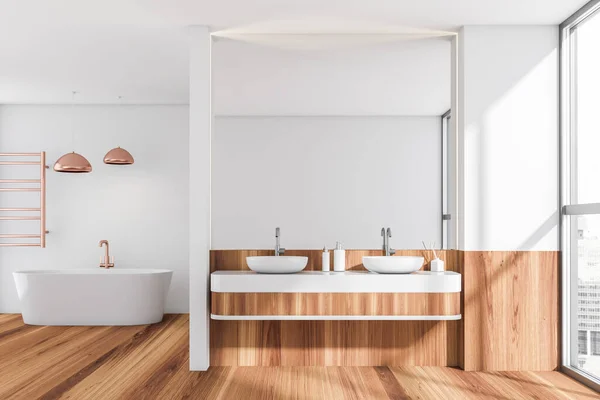 Bright Bathroom Interior Bathtub Two Sinks Mirror Oak Wooden Floor — Stock Photo, Image