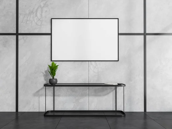 Horizontální Plátno Nad Rámovou Příborníkovou Jednotkou Elegantním Černobílém Interiéru Obývacího — Stock fotografie