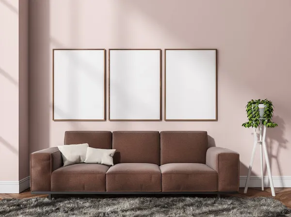Tři Maková Plátna Růžové Stěně Interiéru Obývacího Pokoje Hnědou Pohovkou — Stock fotografie