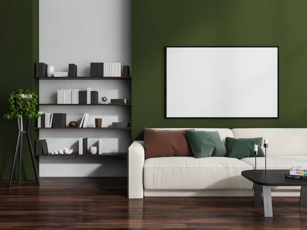 白いソファ コーヒーテーブル ニッチシェルフと暗い木の床とリビングルームのインテリアの緑の壁に水平方向のキャンバス 現代の家のデザインの概念 3Dレンダリング — ストック写真