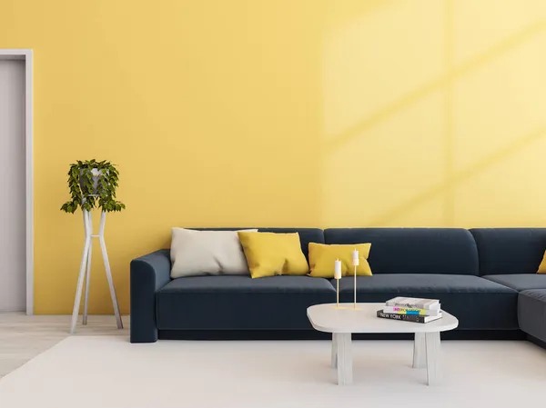 Gelbe Und Blaue Wohnzimmereinrichtung Mit Blauem Sofa Couchtisch Pflanzenständer Drei — Stockfoto